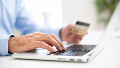 Fototapeta premium Close-up of a person using a laptop while holding a credit card, representing online payment, e-commerce, and digital transactions