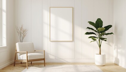 Fototapeta premium Sunlit minimalist living room corner featuring a comfortable armchair a tall potted plant and a blank framed picture on a white wall