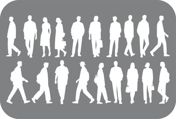 Collection of diverse white silhouette figures of men and women in various walking poses against a muted gray rounded background representing a crowd or group
