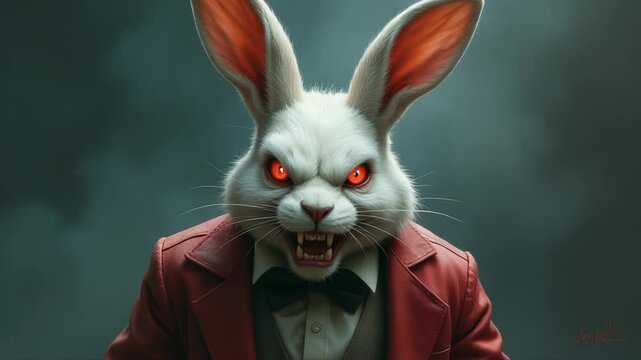 A whimsical illustration of a white rabbit dressed in a red jacket and bow tie, perfect for use as a symbol or character in illustrations, designs, and more