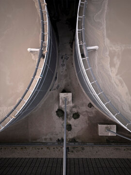 Drone aerial view of a sewage treatment plant in England