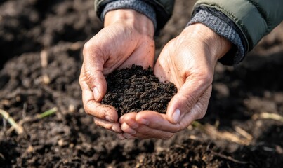 Hands holding rich soil during a gardening activity in the morning