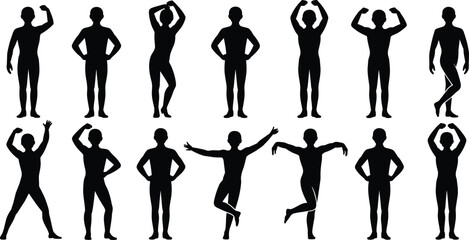 Silhouettes of People in Various Standing and Posing Positions, Vector Illustration of Human Body Language, Expression, Movement, Dance, and Fitness Concepts