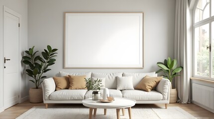 A modern, minimalist living room.Interior mockup with house background.3D render.