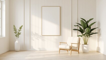Sunlit modern living room with minimalist decor featuring a blank canvas and a comfortable chair