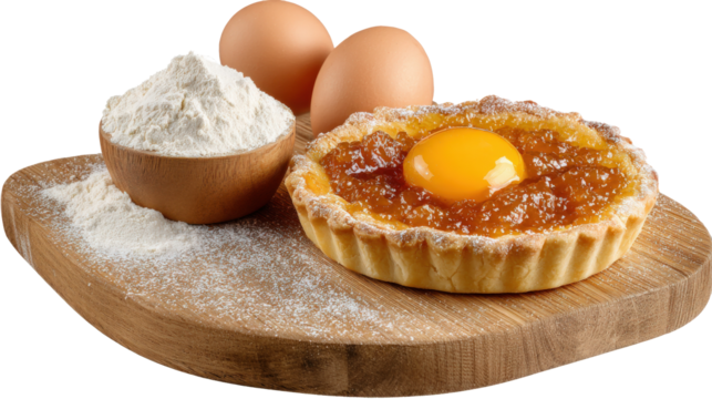 Tart, shortcrust pastry with orange jam, flour, eggs, and sugar on a wooden pastry board. Tart, shortcrust pastry with orange jam, flour, eggs, and sugar isolated on a white background