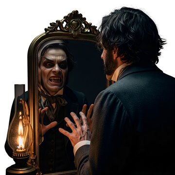 Dr. Jekyll and Mr. Hyde (A man seeing his monstrous reflection)