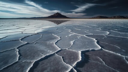Geometric Salt Crust Reflects a Solitary Peak Under a Moody Sky