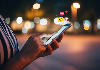 Woman using smartphone at night getting social media notifications and online engagement and interaction