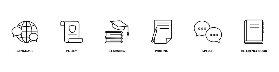 Grammar icon set with language, policy, learning, writing, speech, and reference book