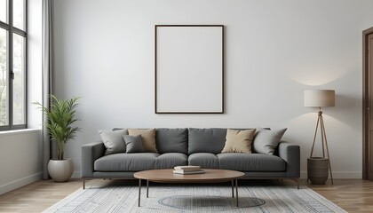 A modern, minimalist living room.Interior mockup with house background.3D render.