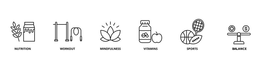  Healthy Living icon set with nutrition, workout, mindfulness, vitamins, sports, and balance