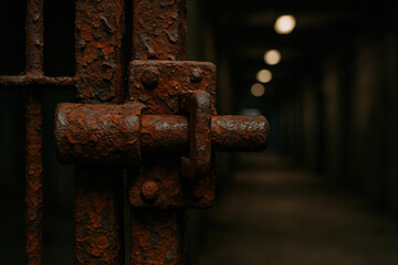Aged iron gate with rusted latch in a dimly lit corridor, symbolizing security, abandonment, and the passage of time