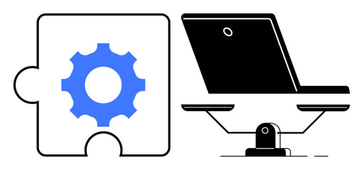Blue gear inside a puzzle piece adjacent to a minimalist black laptop on a stand. Ideal for teamwork, technology, collaboration, innovation, problem-solving, workplace efficiency, technical