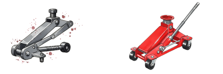 A silver scissor jack and a red hydraulic jack are side by side on a plain solid surface view from above on transparent background