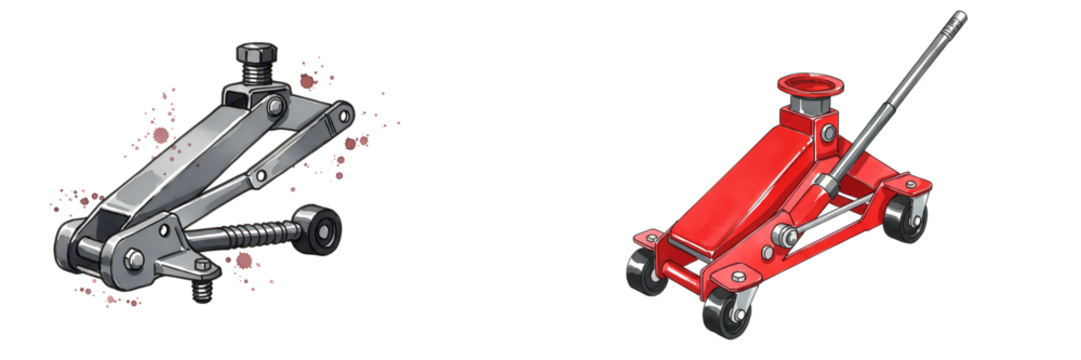 A silver scissor jack and a red hydraulic jack are side by side on a plain solid surface view from above on transparent background