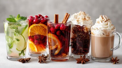 Assorted colorful beverages with fruits and mint garnishes for holiday promotions, cafe menus, mindful drinking concepts, food blogs, recipe diversity


