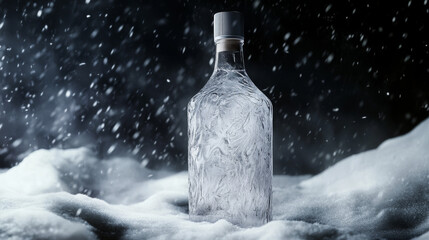 Beautifully crafted bottle surrounded by falling snowflakes on a winter night in a secluded location