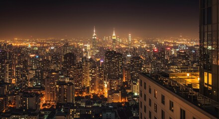 Fototapeta premium Night Cityscape View with Glowing Lights and Distant Skyline