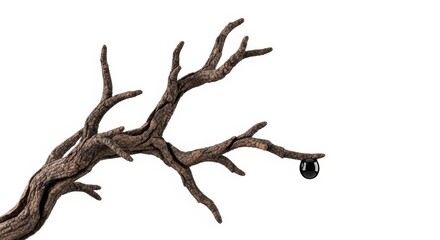 Fototapeta premium Unique Branch with Artistic Black Orb Hanging in White Background