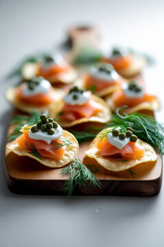 "Elegant food photography of gourmet potato chips topped with smoked salmon, sour cream, capers, and fresh dill, arranged neatly on a wooden serving board, minimal background, bright natural lighting,