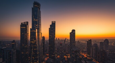 Obraz premium City Skyline at Dusk with Towering Buildings and Colorful Sky