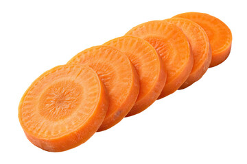 Sliced round carrot slices isolated on transparent background in png format.