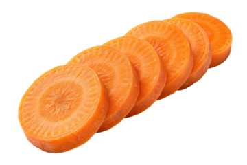 Sliced round carrot slices isolated on transparent background in png format.