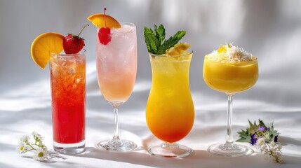 Colorful cocktails with fresh fruit and herb garnishes on light background for bar marketing, resort promotions, summer parties

