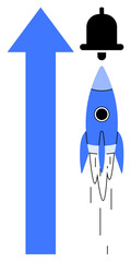 Blue rocket taking off beside a notification bell and large upward arrow representing success, progress, innovation, business growth, reminders, achievement, productivity, simple flat metaphor
