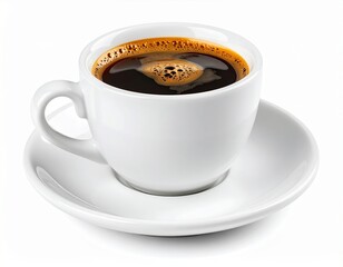 Fototapeta premium Freshly brewed black coffee with crema in a white ceramic cup and saucer, isolated on a white background.