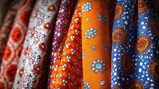 Colorful fabric samples hang side-by-side, a blend of patterns and textures. Warm tones and floral designs create a cozy and inviting aesthetic.