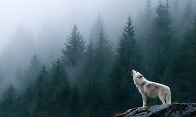 Obraz premium a howling white wolf on a rock, its head raised towards the moon