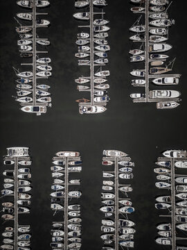 Drone aerial view of Chichester marina with boats and yachts