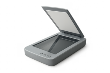 Modern scanner with open lid on transparent background