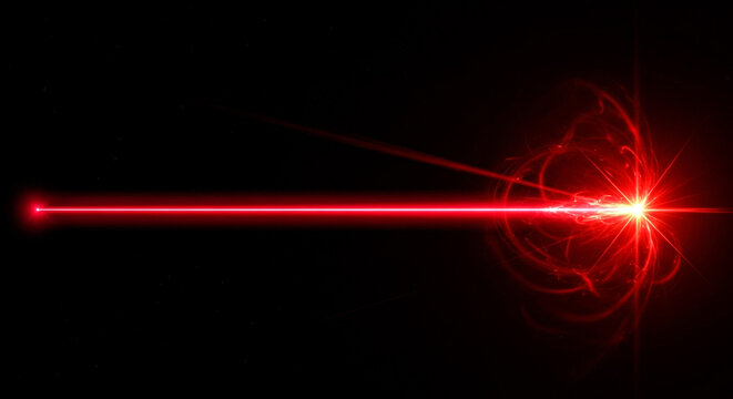 A powerful vibrant red laser beam cuts through the blackness creating a bright focal point with a chaotic energetic burst of light and swirling particles
