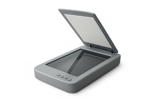 Modern scanner with open lid on transparent background