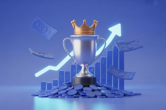 The Reward for Success - A silver trophy with a crown, a bar chart, and money, symbolizing financial success, achievement, and winning