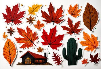 set of autumn stickers with white borders on a white background
