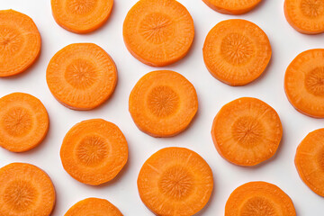 Background of sliced round carrots on white background