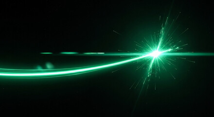 A luminous green light trail sweeps dynamically across a deep black canvas A brilliant starburst emanates from the right creating a sense of motion and energy