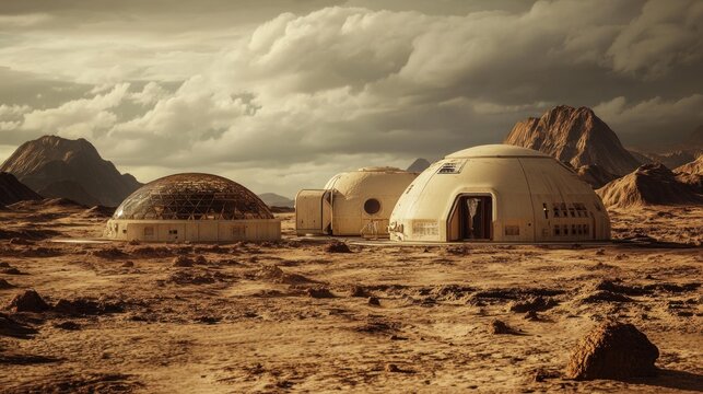 Martian habitat under stormy sky