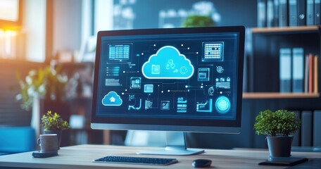 A computer screen displaying cloud computing icons and data flow diagrams, with an office background. 