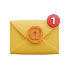 3d rendered yellow envelope with at symbol and notification badge isolated on transparent background