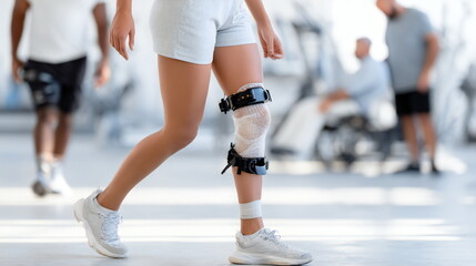 Individual walking in a gym with a knee brace during a training session focusing on recovery and rehabilitation