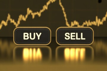 The Dynamic Market - A dynamic golden background with a financial chart and bold "BUY" and "SELL" buttons, for online stock trading