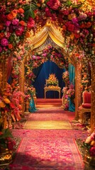 Ornate floral archway, gold accents, colorful carpet.