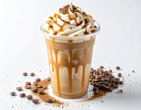 Caramel coffee frappuccino with whipped cream, chocolate shavings, and coffee beans.