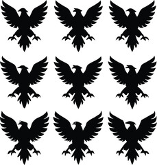 Fototapeta premium Nine Black Heraldic Eagles Silhouettes Vector Illustration, Coat of Arms, Bird of Prey Design