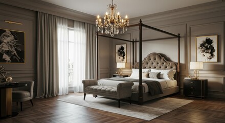 Fototapeta premium Bedroom with Canopy Bed and Chandelier Interior Design